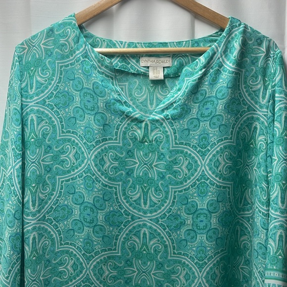 Cynthia Rowley Teal Green Paisley Print Blouse- 3X - Picture 2 of 6